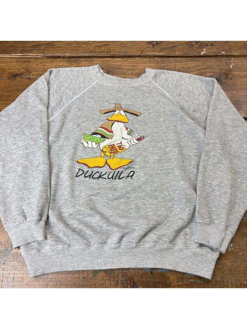 Vintage 80s Duckuila Duck Alcohol Humor Crewneck Sweatshirt Size Large Gray